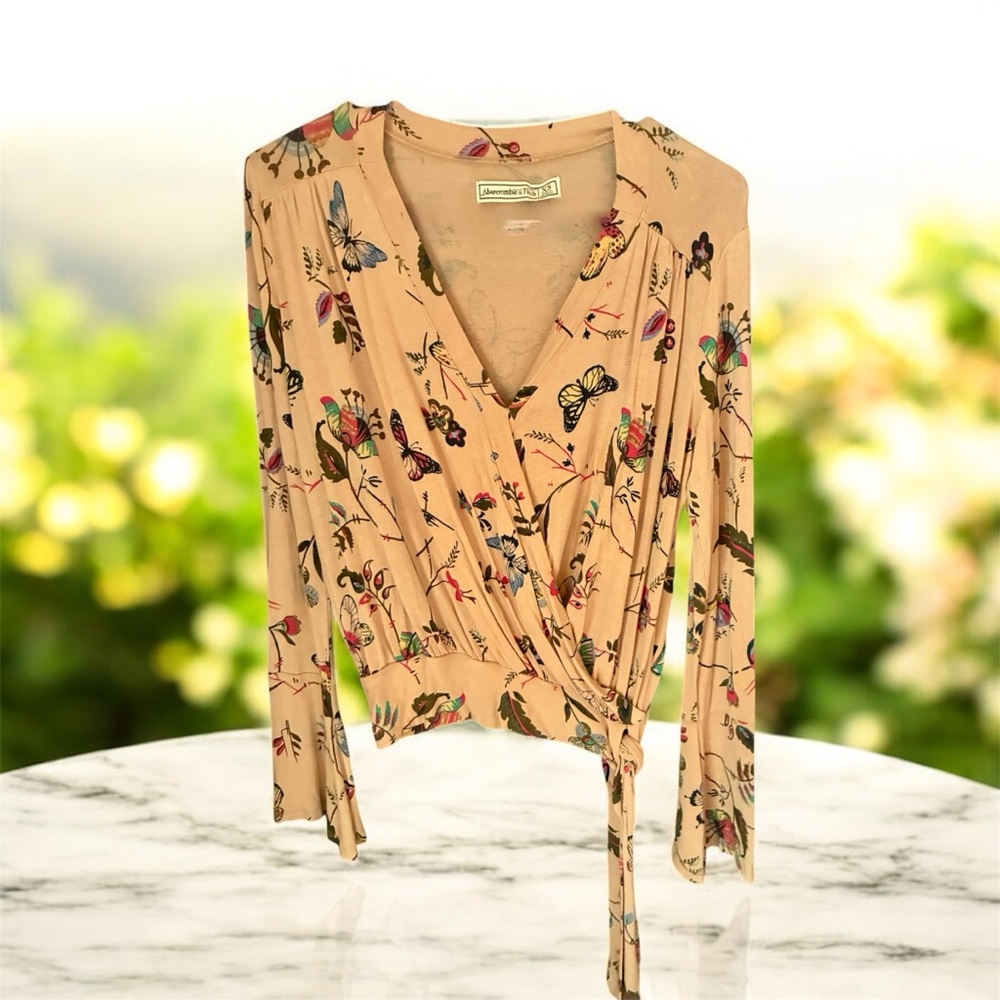 Abercrombie & Fitch Butterfly Print Wrap Blouse - Tan